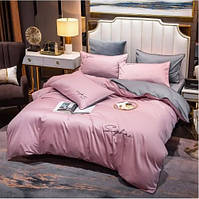 Постільна білизна полуторна Сатин / Комплект півтораспальної постільної білизни звишивкою Рожевий з сірим