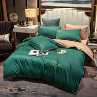 Постільна білизна полуторна Сатин / Комплект півтораспальної постільної білизни звишивкою Зелений