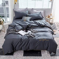 Постільна білизна полуторна Сатин / Комплект півтораспальної постільної білизни звишивкою Сірий