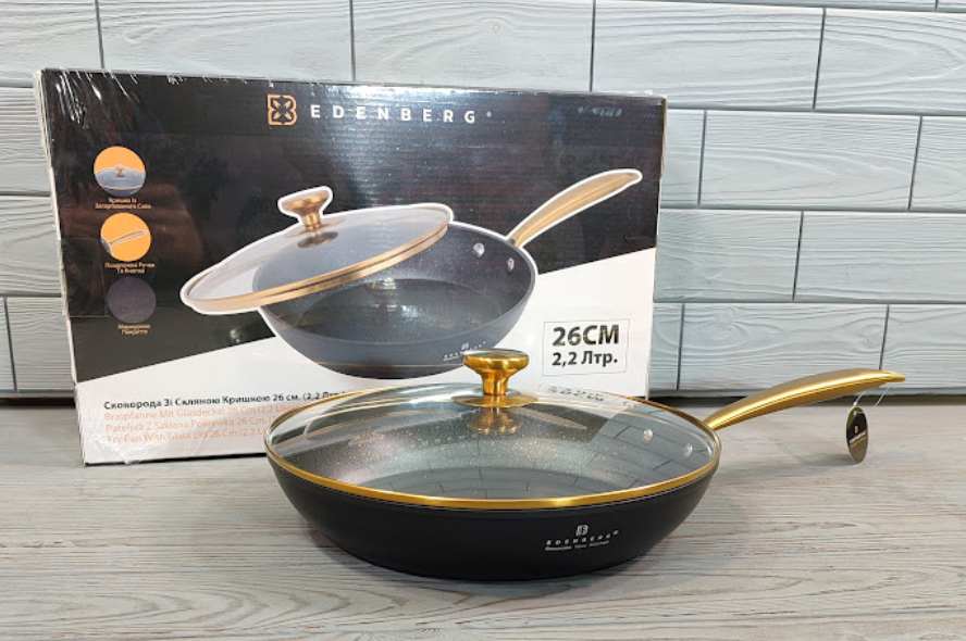 Сковорода 26 см Edenberg EB-3419 з кришкою, антипригарним мармуровим покриттям, турбоіндукційним дном, фото 1