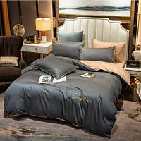 Постільна білизна полуторна Сатин / Комплект півтораспальної постільної білизни звишивкою Сірий