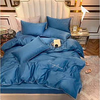 Постільна білизна полуторна Сатин / Комплект півтораспальної постільної білизни звишивкою Синій