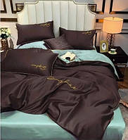 Постільна білизна полуторна Сатин / Комплект півтораспальної постільної білизни звишивкою Коричневий з мятою