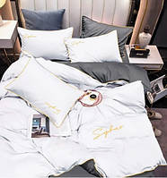 Постільна білизна полуторна Сатин / Комплект півтораспальної постільної білизни звишивкою Білий з сірим