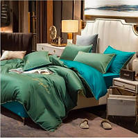 Постільна білизна полуторна Сатин / Комплект півтораспальної постільної білизни звишивкою Зелений з бірюзовим