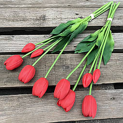 Штучний тюльпан бутон гелеві, латекс пучок 44 см 5 гілок червоний