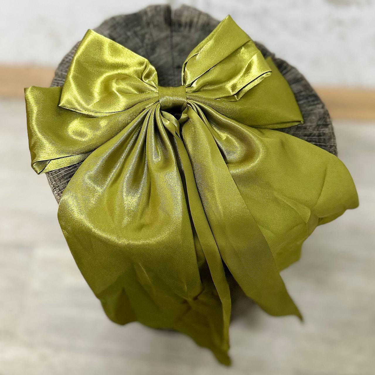 Заколка-автомат для волосся бант довгий оливковий зі стрічками