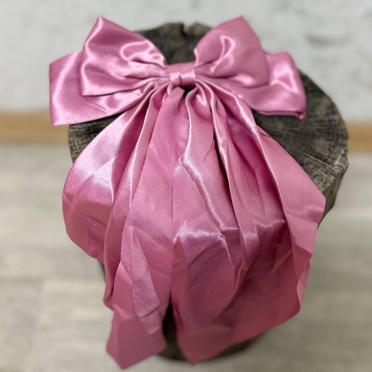 Заколка-автомат для волосся бант довгий рожевий зі стрічками