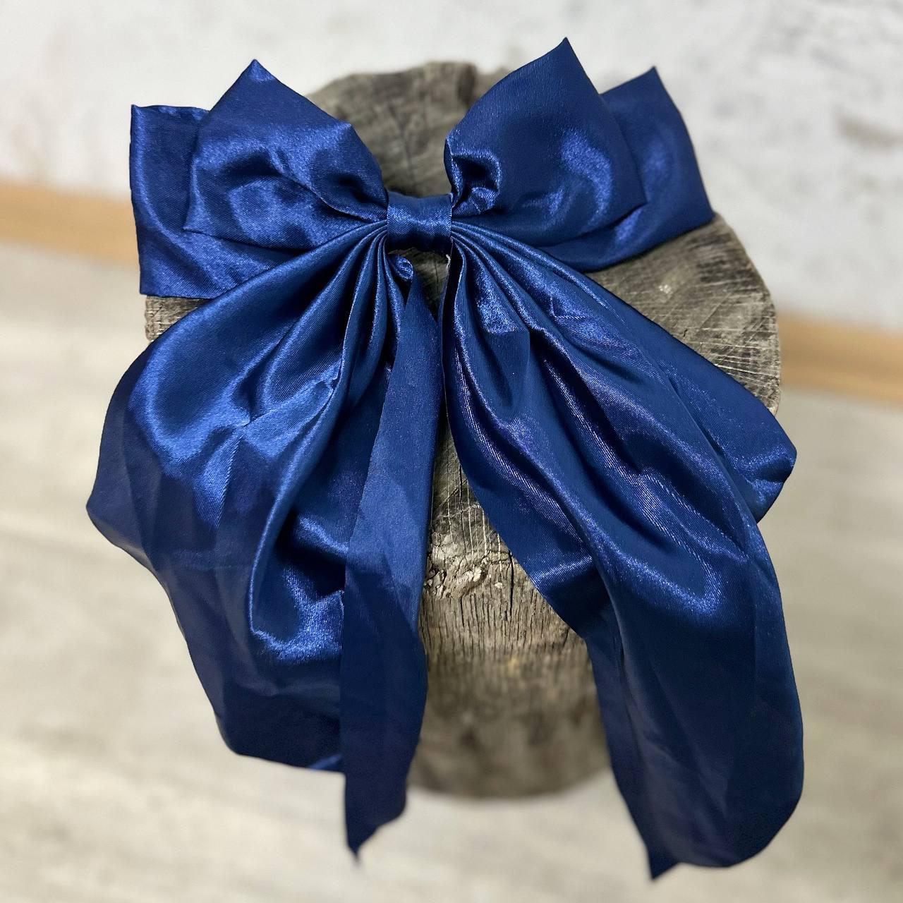 Заколка-автомат для волосся бант довгий синій зі стрічками