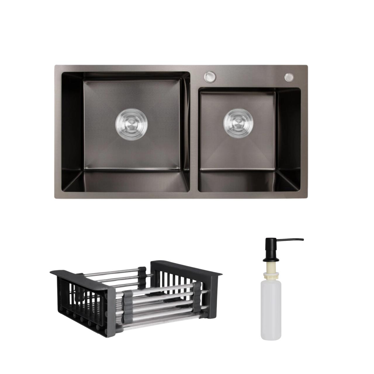 Комплект Lidz Handmade H7843 Мийка для кухні з двома чашами інтегрована BlackPVD у комплекті з дозатором + Lidz K01B Корзина для