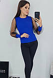 Синя блуза з рукавами з манжетом, жіноча кофта в рубчик з шифоновими рукавами р.42, фото 3