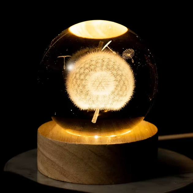 Декоративна лампа Кульбаба світильник нічник 3D кришталева скляна куля RGB з живленням від USB 6х6х2 см - фото 1 - id-p2506084296