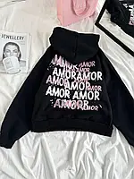 Женское стильное теплое оверсайз худи кенгуру с капюшоном и принтом на спине "AMOR" трехнитка на флисе