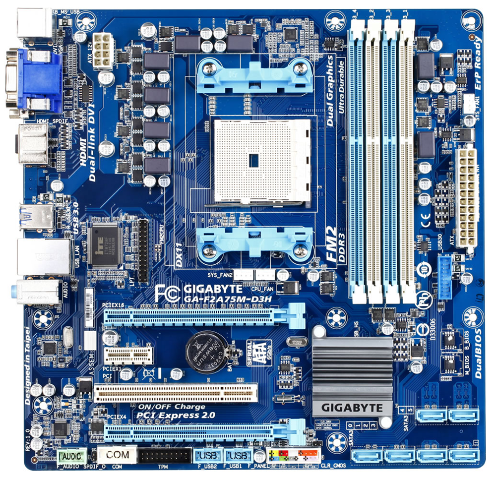 Плата під AMD Socket FM2 GIGABYTE GA-F2A75M-D3H - 4 СЛОТА DDR 3 / з HDMI / SATA 3 / USB 3.0 sFM2, фото 1