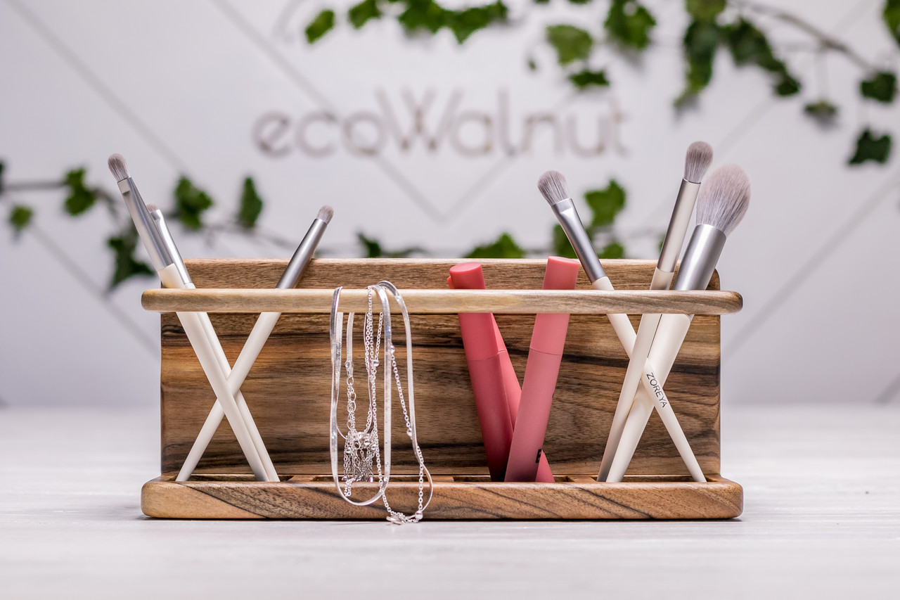 Дерев'яний органайзер для макіяжу Жіноча підставка для зберігання пензликів косметики, фото 1