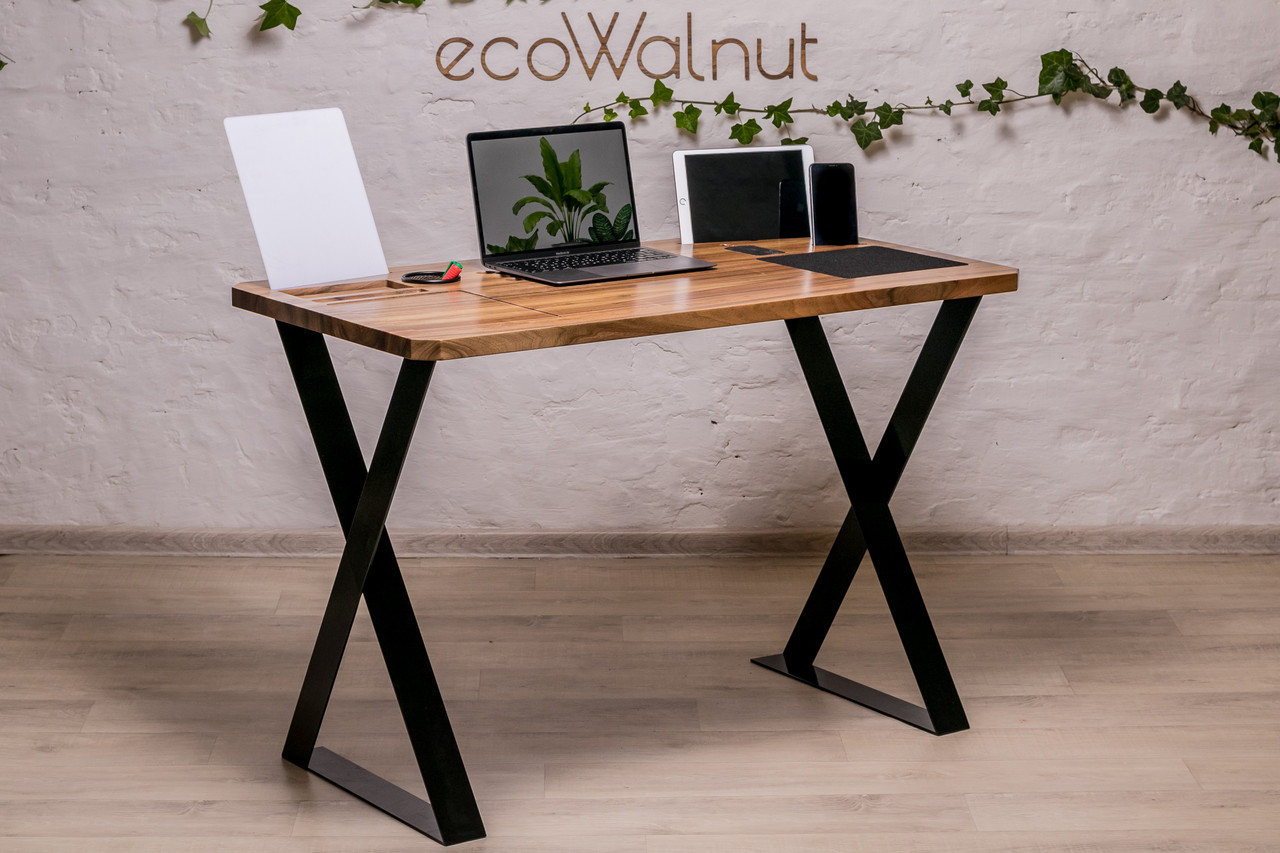 Дерев'яний письмовий офісний стіл EcoWalnut iTable EF-1 в стилі лофт із металевими ніжками