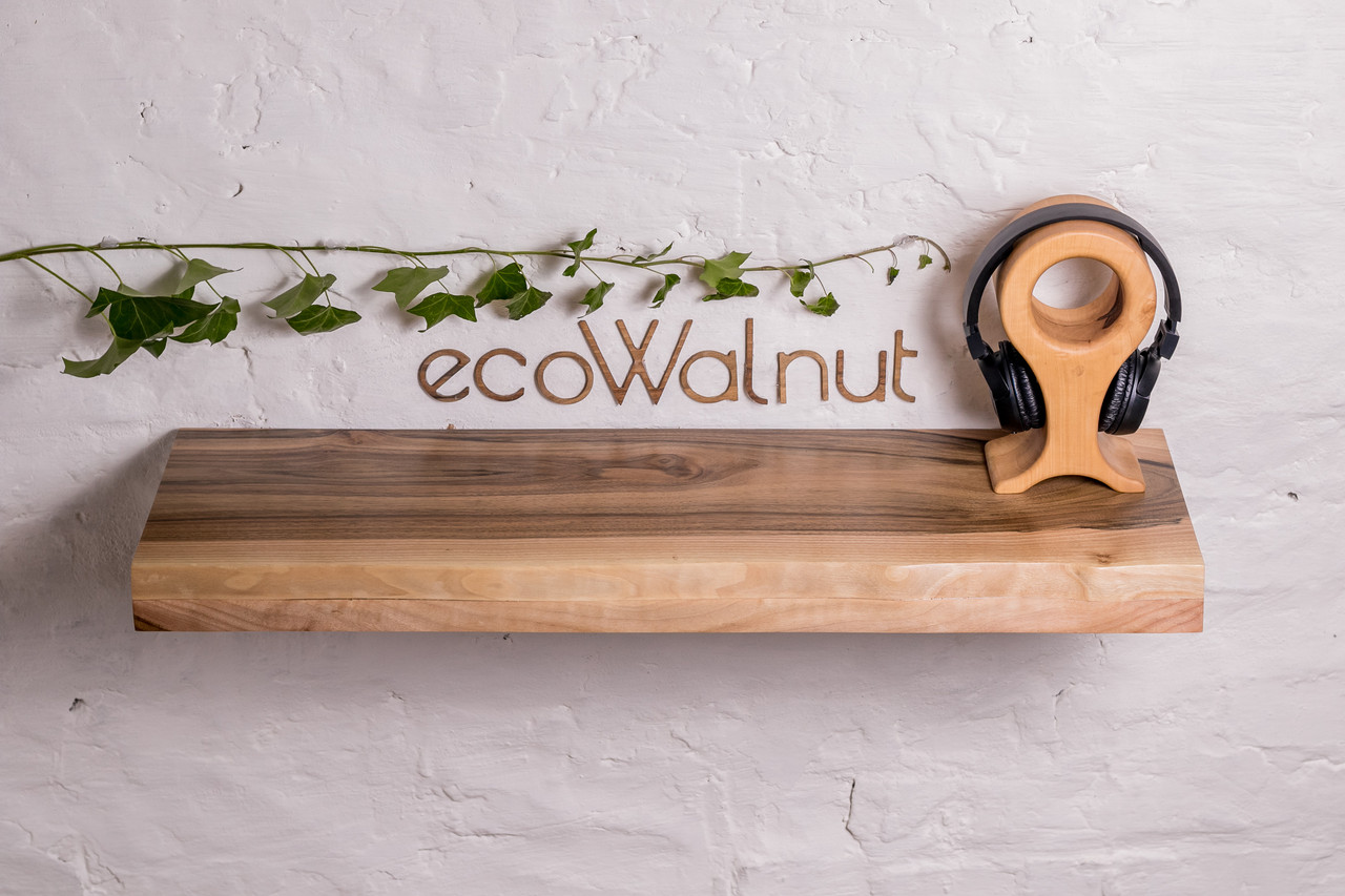 Дерев'яна горіхова полиця прихованого монтажу із живим краєм, фото 1