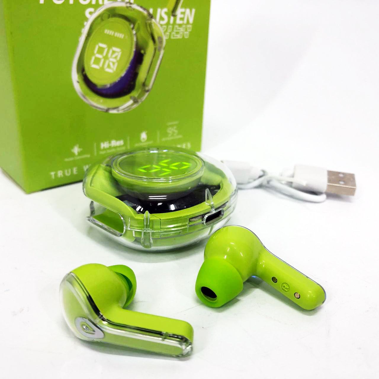 Бездротові навушники TWS T8 PRO з прозорим кейсом Вакуумний LED дисплей Bluetooth 5.3. Колір: зелений