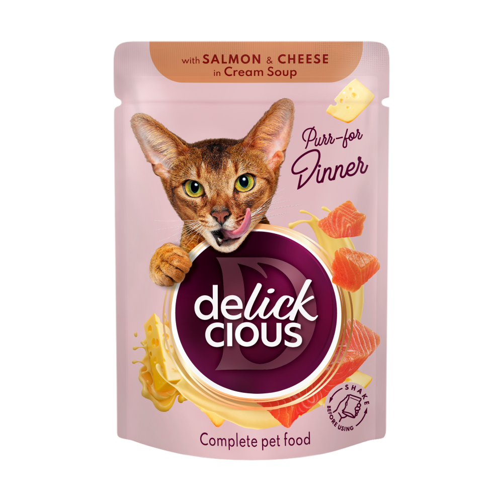 Вологий корм для дорослих котів Делікшес Delickcious смужки з лососем та сиром в крем-супі, 85 г