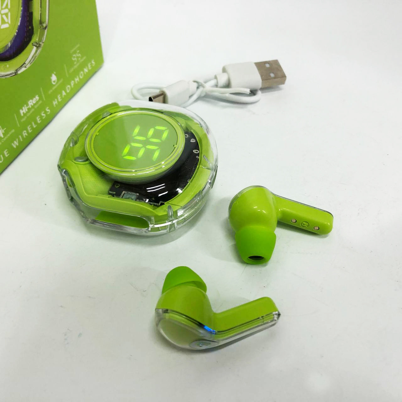 Бездротові навушники TWS T8 PRO з прозорим кейсом Вакуумний LED дисплей Bluetooth 5.3. IQ-501 Колір: зелений