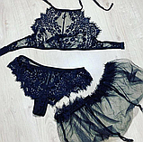 Жіночий комплект білизни чорного кольору ліф топ із зав'язкою на шиї, трусики та спідниця пояс, фото 7