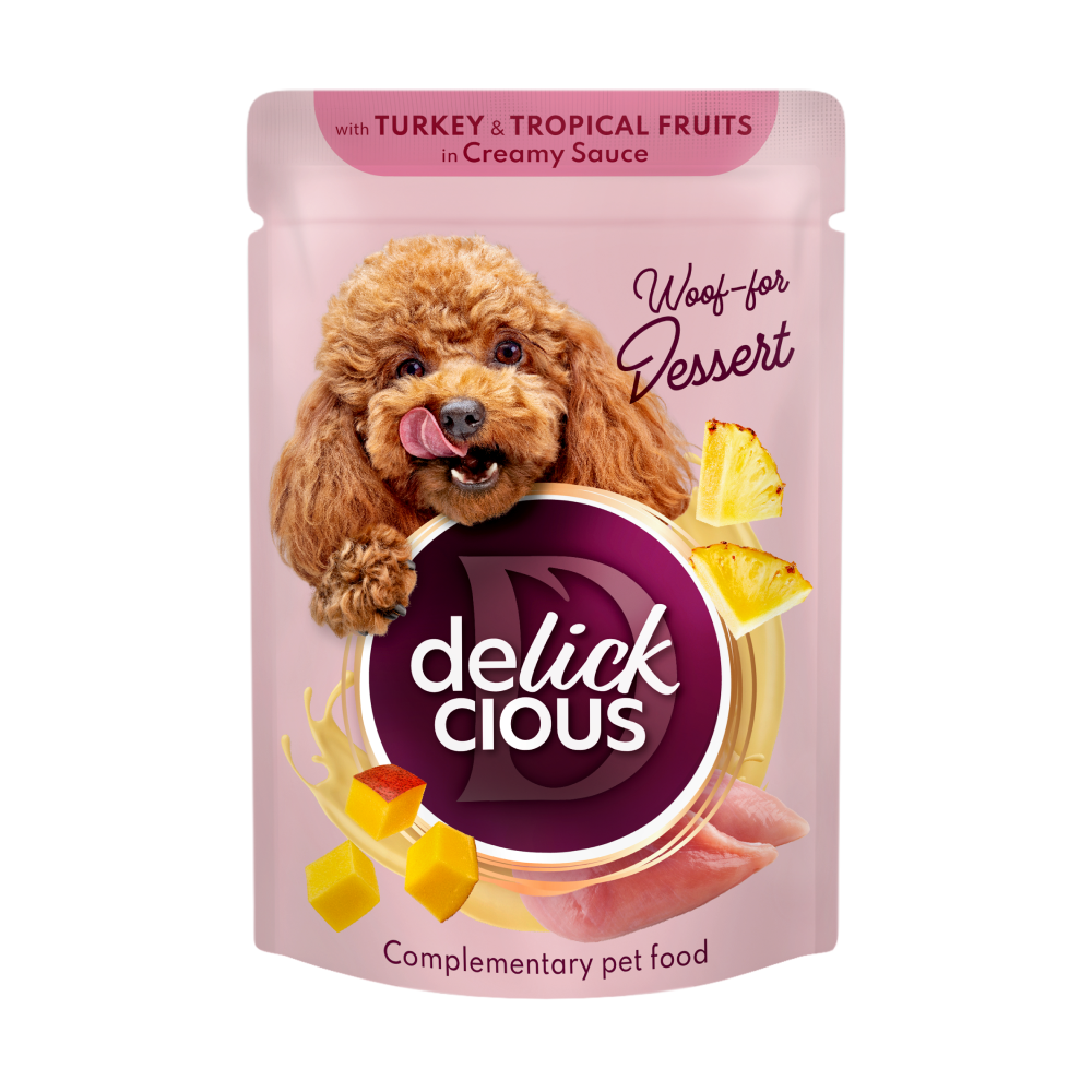 Вологий корм для дорослих собак Delickcious пластівці з індичкою та тропічними фруктами у вершковому соусі, 80 г