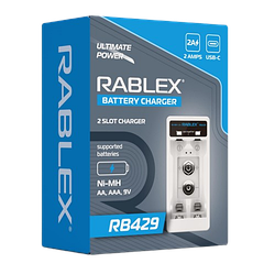 Зарядний пристрій Rablex RB429, 2xАА, ААА,9V, 2 A, Type-c
