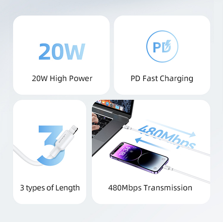 Кабель USB Lighting PD20W 3m, білий (SJ612USB01 — USAMS), фото 2