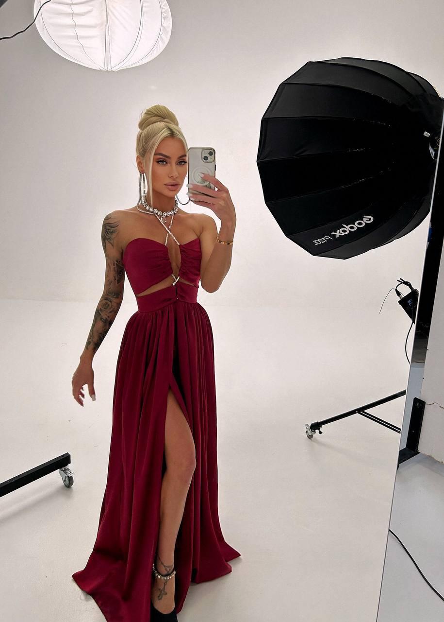 Вечірнє плаття максі з відкритими плечима та зав'язкою на шиї з розрізом на нозі (р. S, M) 66PL5919Е, фото 1