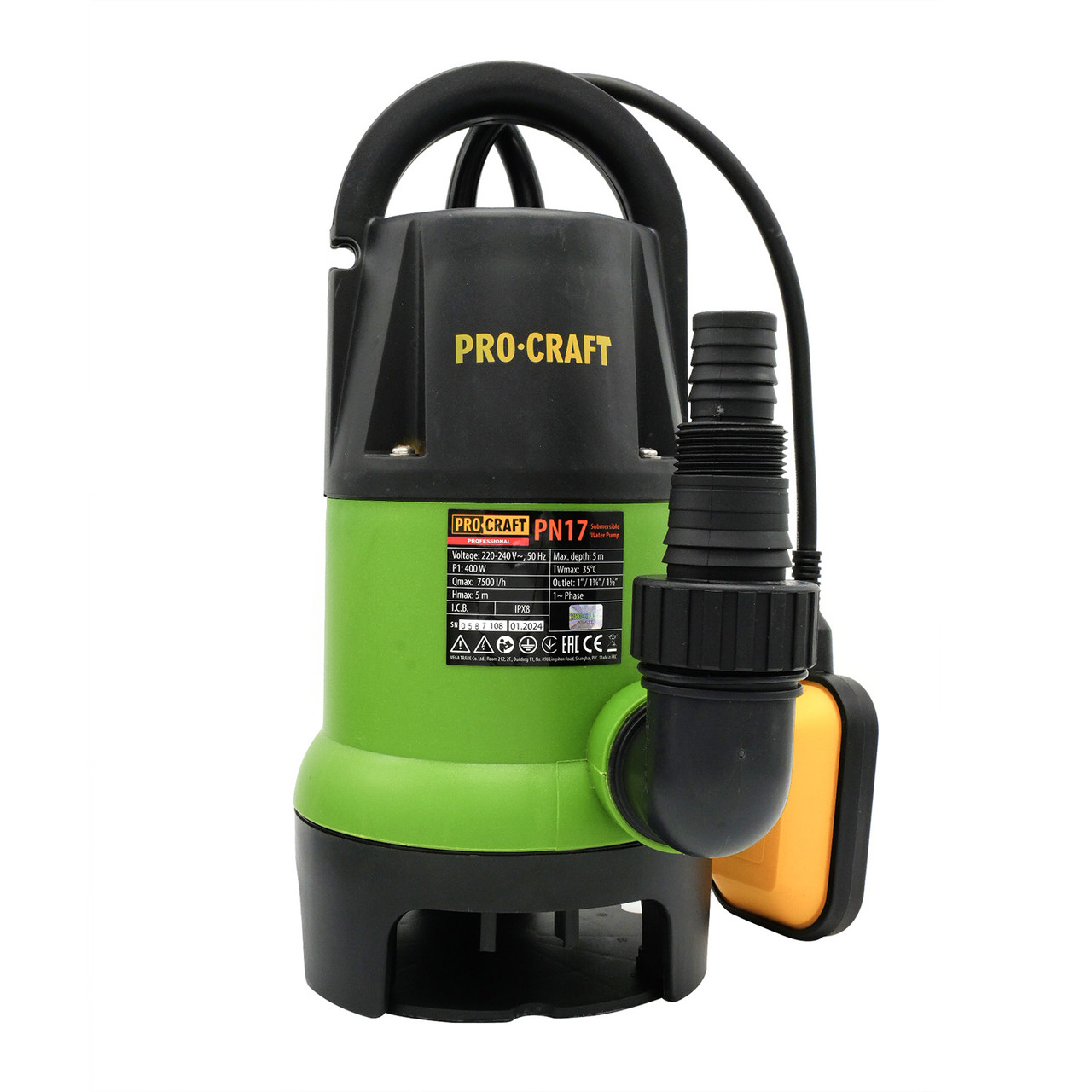Дренажно-фекальний насос Procraft PN17, 220-240 В, 400 Вт, 7500 л/год, труби 1″-1 1/4″-1 1/2″, 3,75 кг