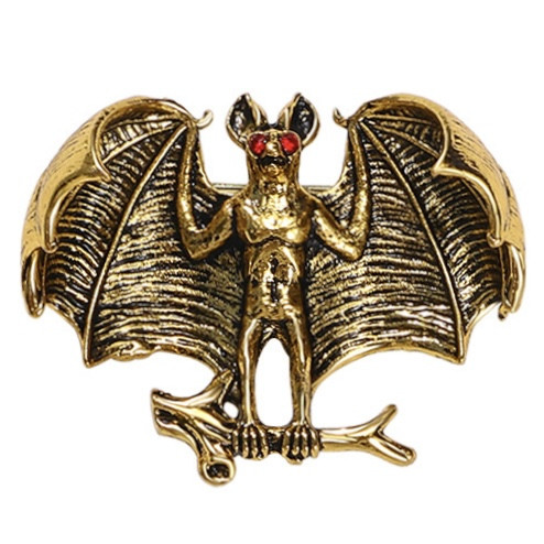 Брошка на золотистій основі кажан на гілці з червоними камінцями в очах розмір виробу 35х40 мм