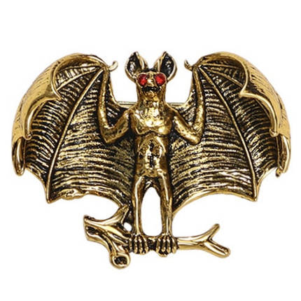 Брошка на золотистій основі кажан на гілці з червоними камінцями в очах розмір виробу 35х40 мм, фото 1