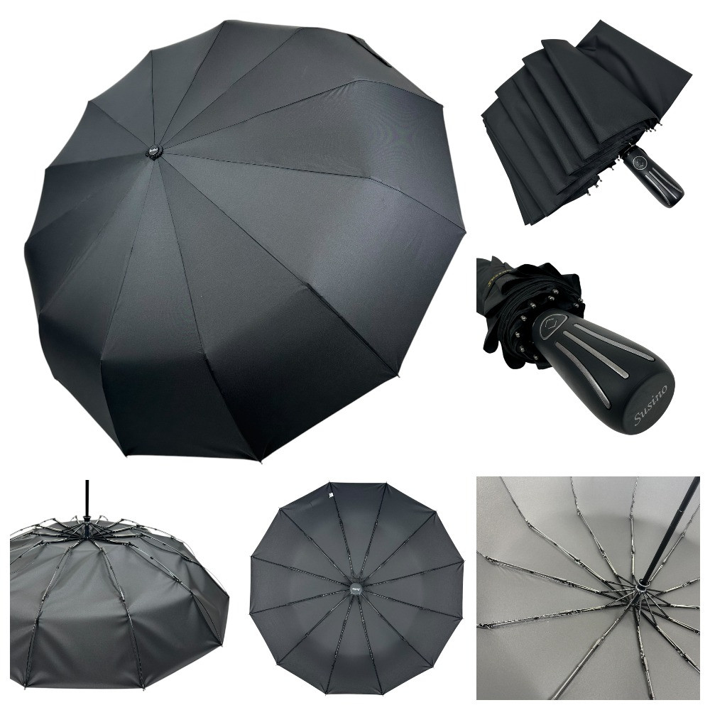 Оптом Чоловіча класична парасоля-автомат від Susino на 12 спиць антивітер з прямою ручкою, чорна, SYS 7908, фото 1