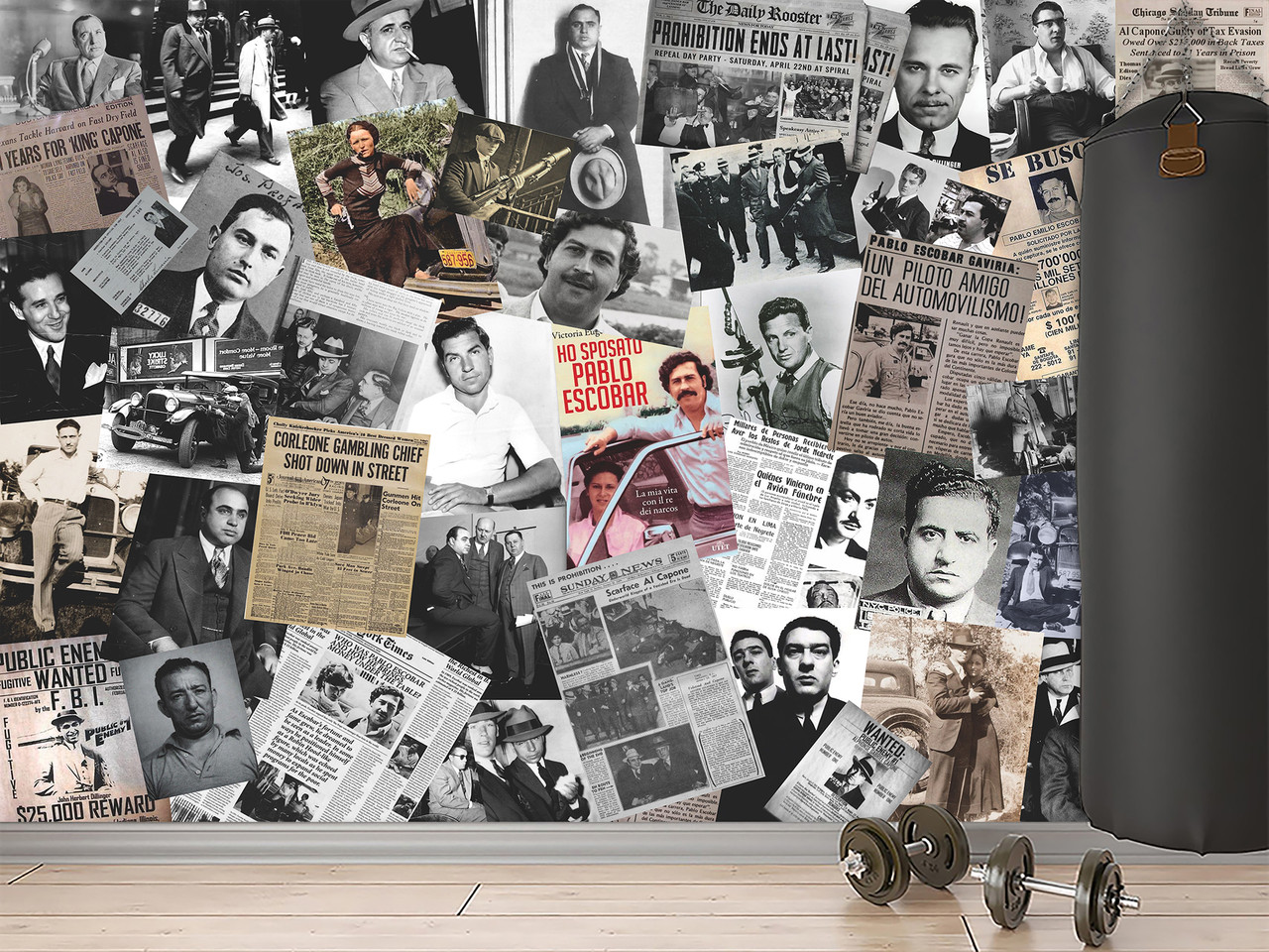 Самоклейка плівка Oracal "Колаж з постерів гангстерів", вінтажні шпалери із зображенням кримінальних босів, фото 1