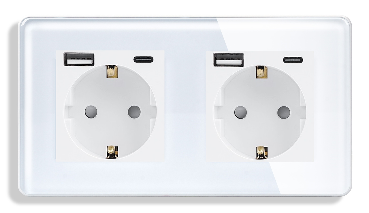 Скляна розетка з USB + Type-C 1DAL | Білий 2 гнізда (G157D-STUTCX2.WT)