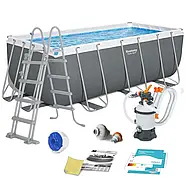 Каркасний прямокутний басейн Bestway 56457 (412х201х122 см, 8124 л, сходи, пісочний фільтр) Сірий, фото 7