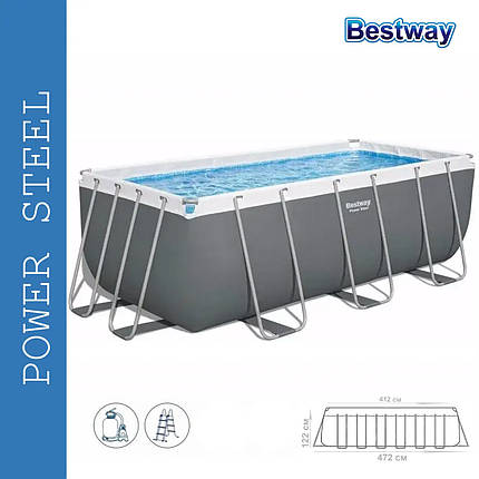 Каркасний прямокутний басейн Bestway 56457 (412х201х122 см, 8124 л, сходи, пісочний фільтр) Сірий, фото 1