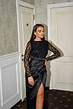 Жіноча чорна атласна вечірня сукня максі зі шлейфом та розрізом по ніжці, фото 2