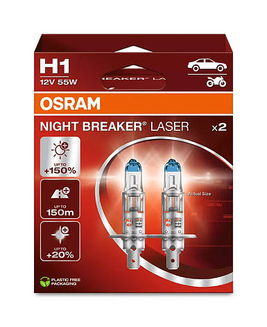 ОРИГІНАЛ! Галогенні лампи H1 OSRAM Night Breaker LASER +150% 55W (комплект 2шт), фото 1