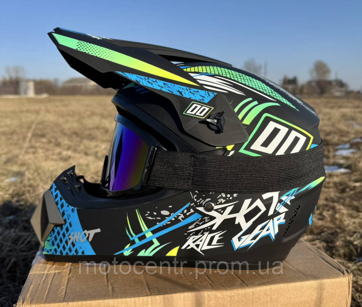 Мотошолом кросс-ендуро black/blue/green mat (є всі розміри) + Окуляри в ПОДАРУНОК, фото 1