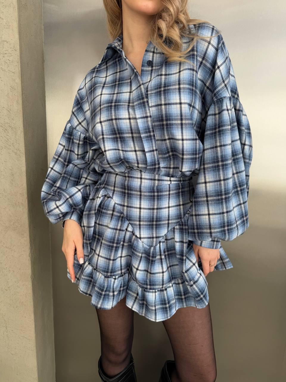 Стильний жіночий фланелевий костюм-двійка в клітинку: Міні Спідниця на високу посадку та Сорочка на гудзиках, фото 1