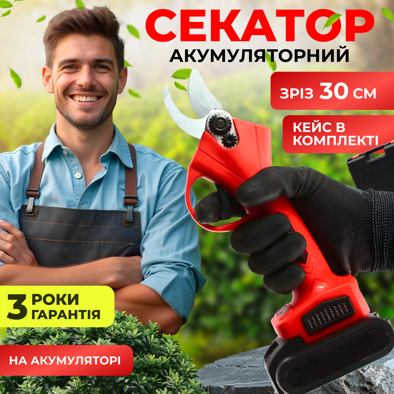 Секатор садовий акумуляторний електричний портативний електросекатор в кейсі 2 акумулятори