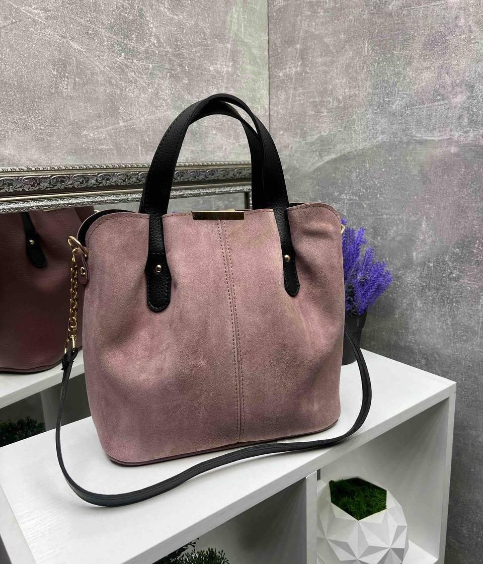 Замшева сумка містка сумочка темна пудра натуральна замша+кожзам