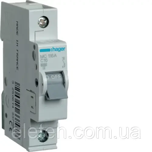 Автоматичний вимикач In=10А, 1 п, С, 6кА Hager