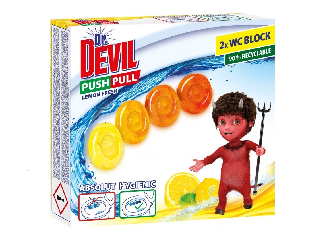 Гелеві кульки без кошика для унітазу Dr.Devil WC Push Pull Gel Лимонна свіжість 20 г х 2 шт, фото 1