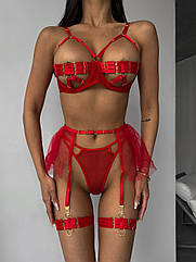 Жіночий еротичний комплект: трусики + бюстгальтер + пояс-спідничка + гарні Розміри S- XL