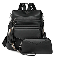 Рюкзак, сумка женский городской, кожаный с кошельком в комплекте. Черный.