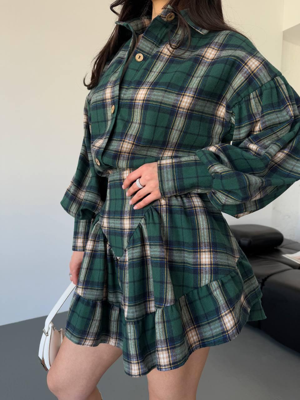 Ультрамодний жіночий костюм-двійка тіар люкс у клітинку: Міні Спідниця на високу посадку та Сорочка на гудзиках, фото 1