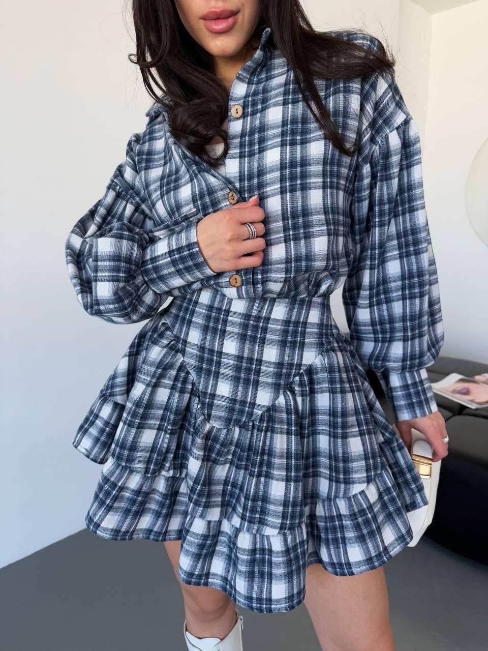 Ультрамодний жіночий костюм-двійка тіар люкс у клітинку: Міні Спідниця на високу посадку та Сорочка на гудзиках, фото 1
