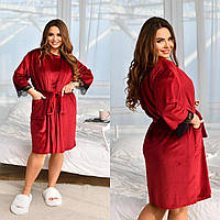 Жіночий зручний домашній красивий комплект піжама: велюрові халат та сукня, батал великі розміри
